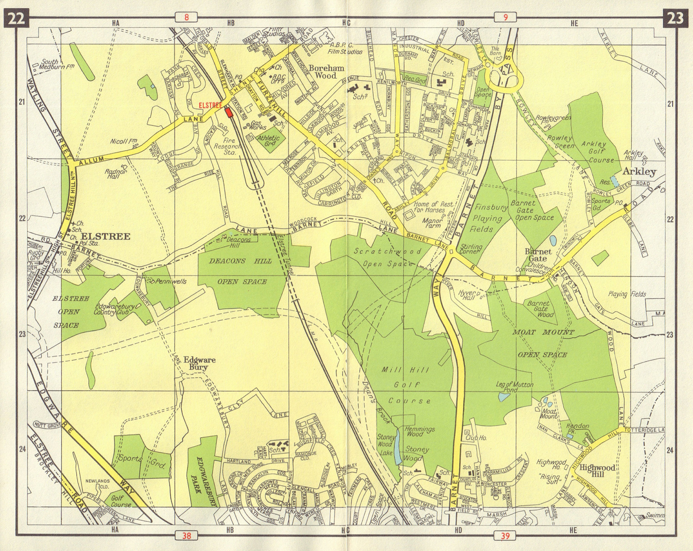 NW LONDON Elstree Borehamwood Barnet Gate Highwood Hill M1 projected 1965 map
