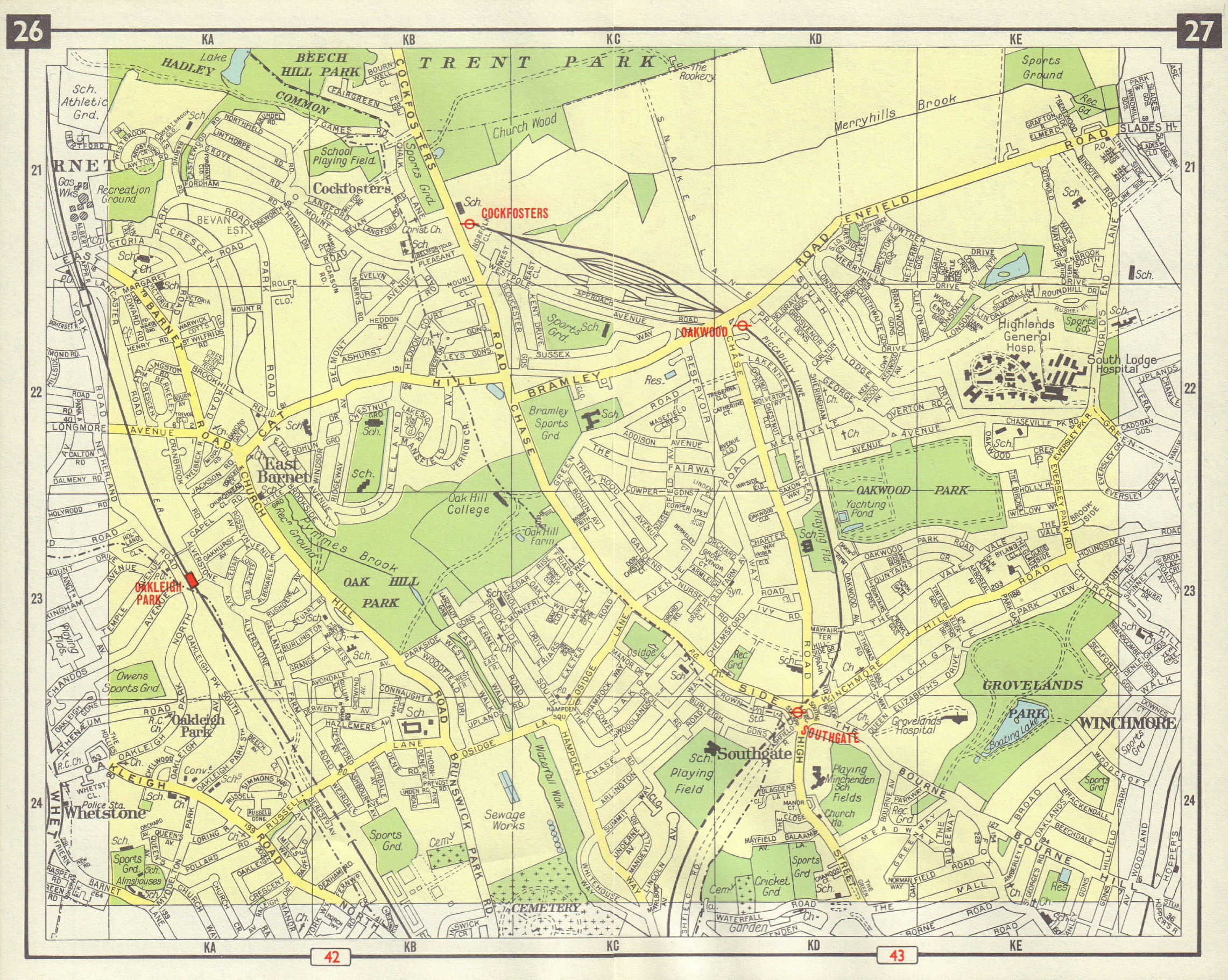Associate Product N LONDON Southgate Cockfosters Oakleigh Park East Barnet Winchmore 1965 map
