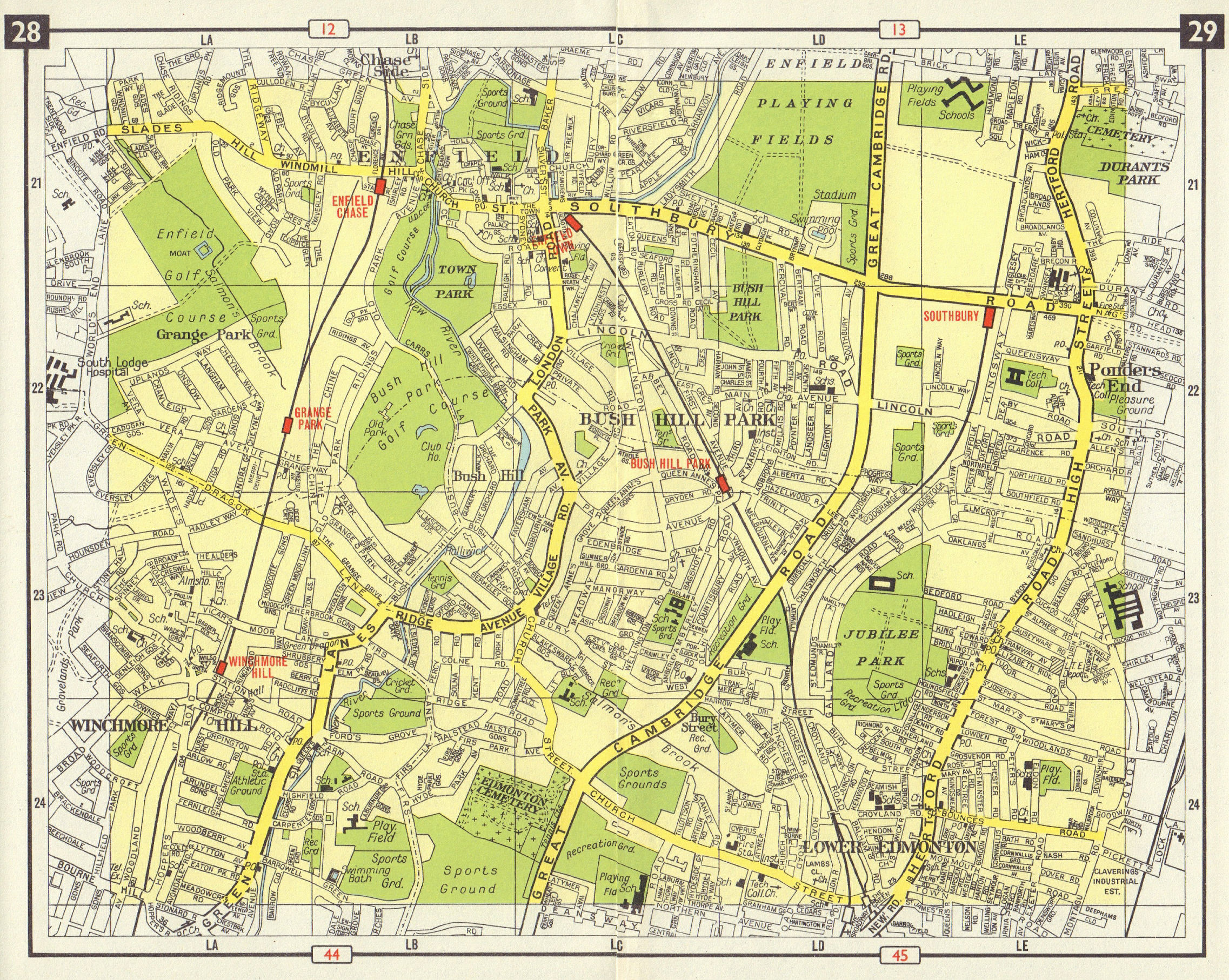 Associate Product N LONDON Enfield Ponder's End Edmonton Winchmore Hill Bush Hill Park 1965 map