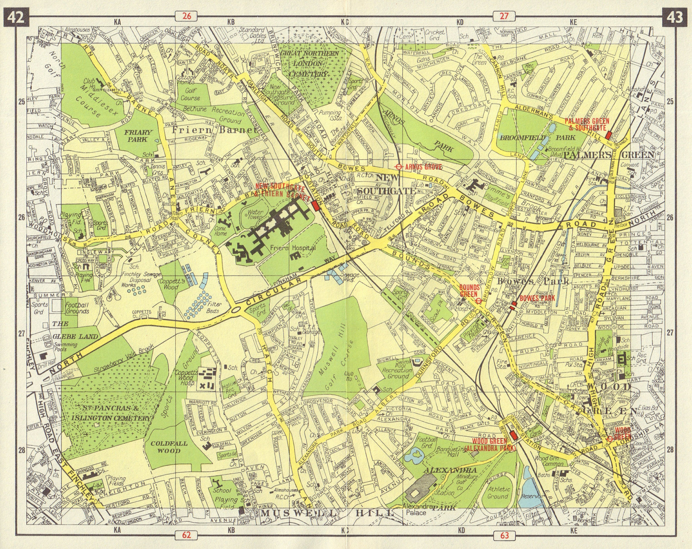 Associate Product N LONDON Southgate Friern Barnet Palmer's Green Bowes Park Wood Green 1965 map