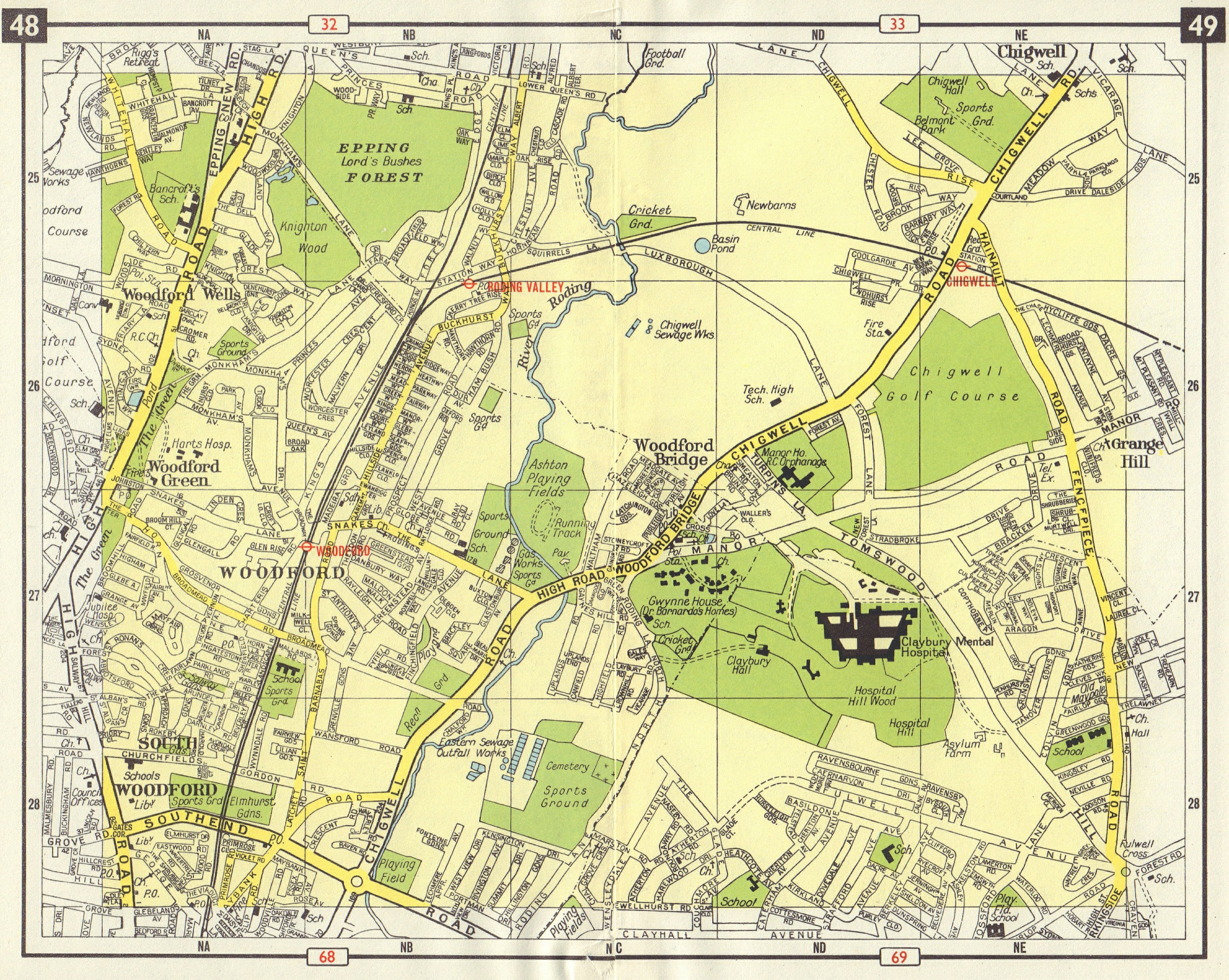 NE LONDON South Woodford Green Chigwell Grange Hill Roding Valley 1965 old map