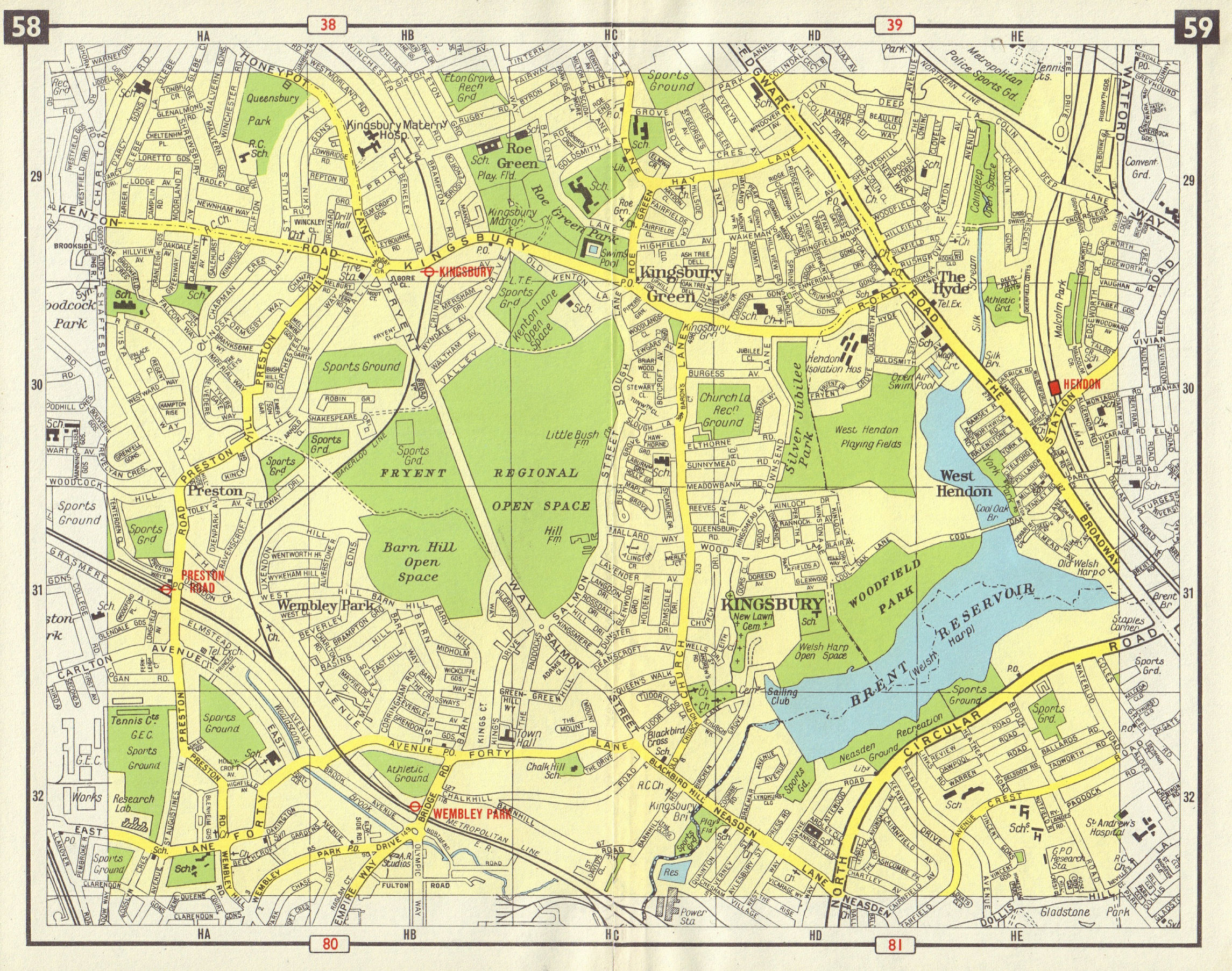 NW LONDON Kingsbury Green Wembey Park The Hyde Hendon Preston Road 1965 map