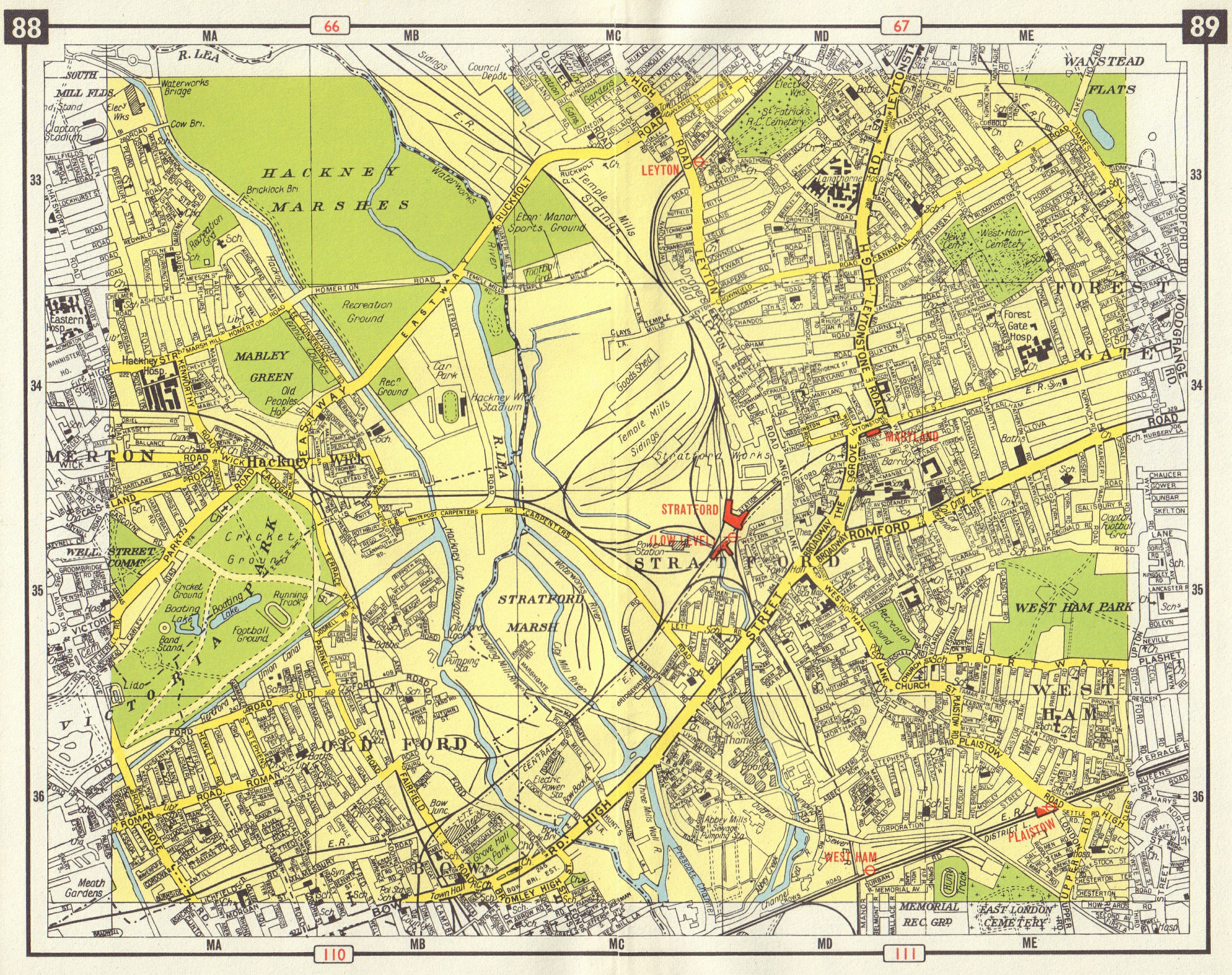Associate Product E LONDON Old Ford Bow West Ham Forest Gate Hackney Leyton Stratford 1965 map