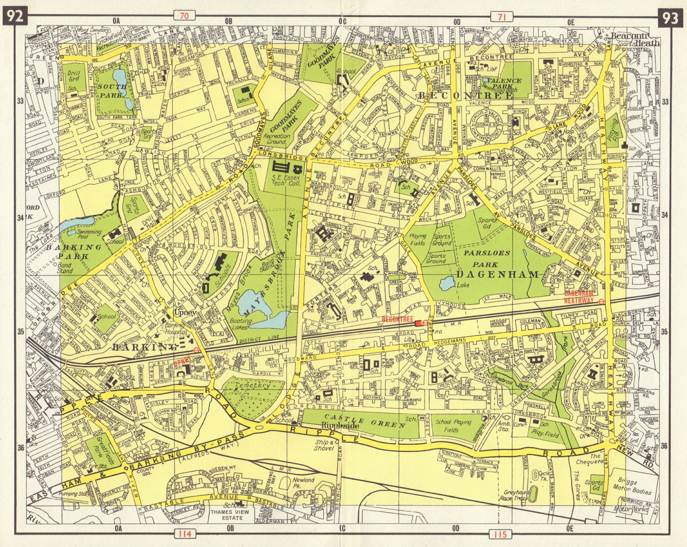 1953 map E LONDON Becontree Dagenham Barking Rippleside Upney Goodmayes Park 