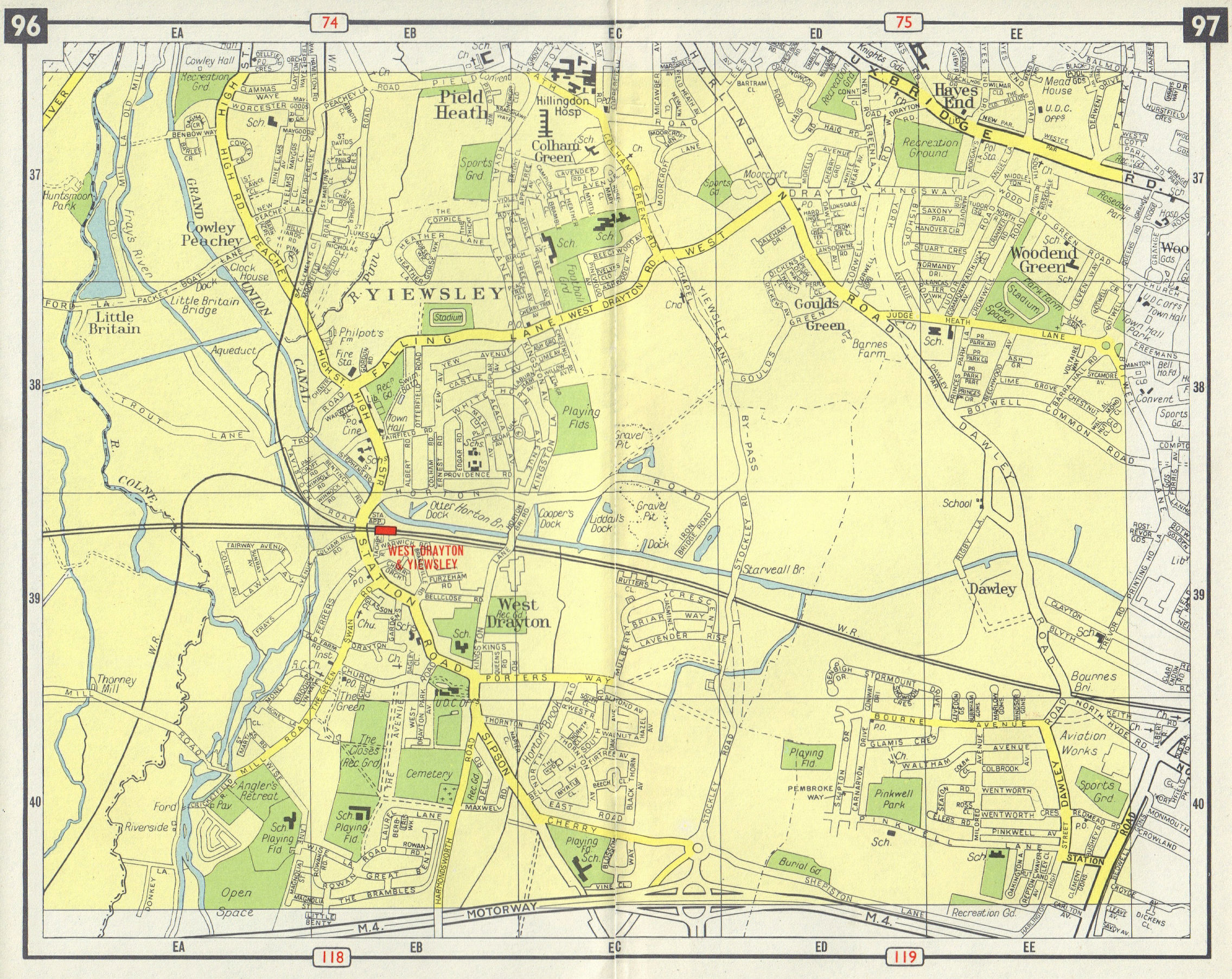 Associate Product W LONDON West Drayton Yiewsley Hayes Pied Heath Woodend/Goulds Green 1965 map
