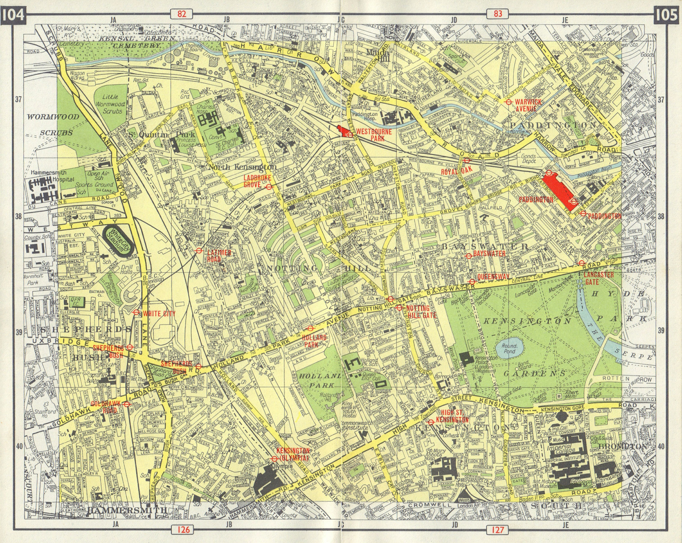 W LONDON Notting Hill Paddington Bayswater Shepherd's Bush Kensington 1965 map
