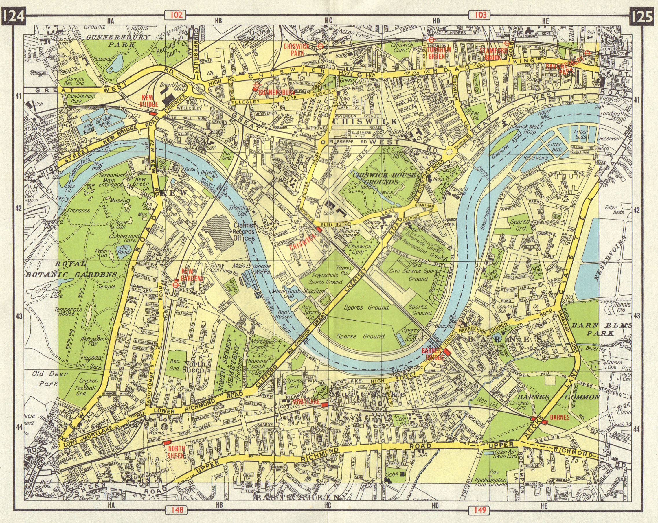 SW LONDON Chiswick Gunnerbsury Kew Mortlake Barnes North Sheen 1965 old map