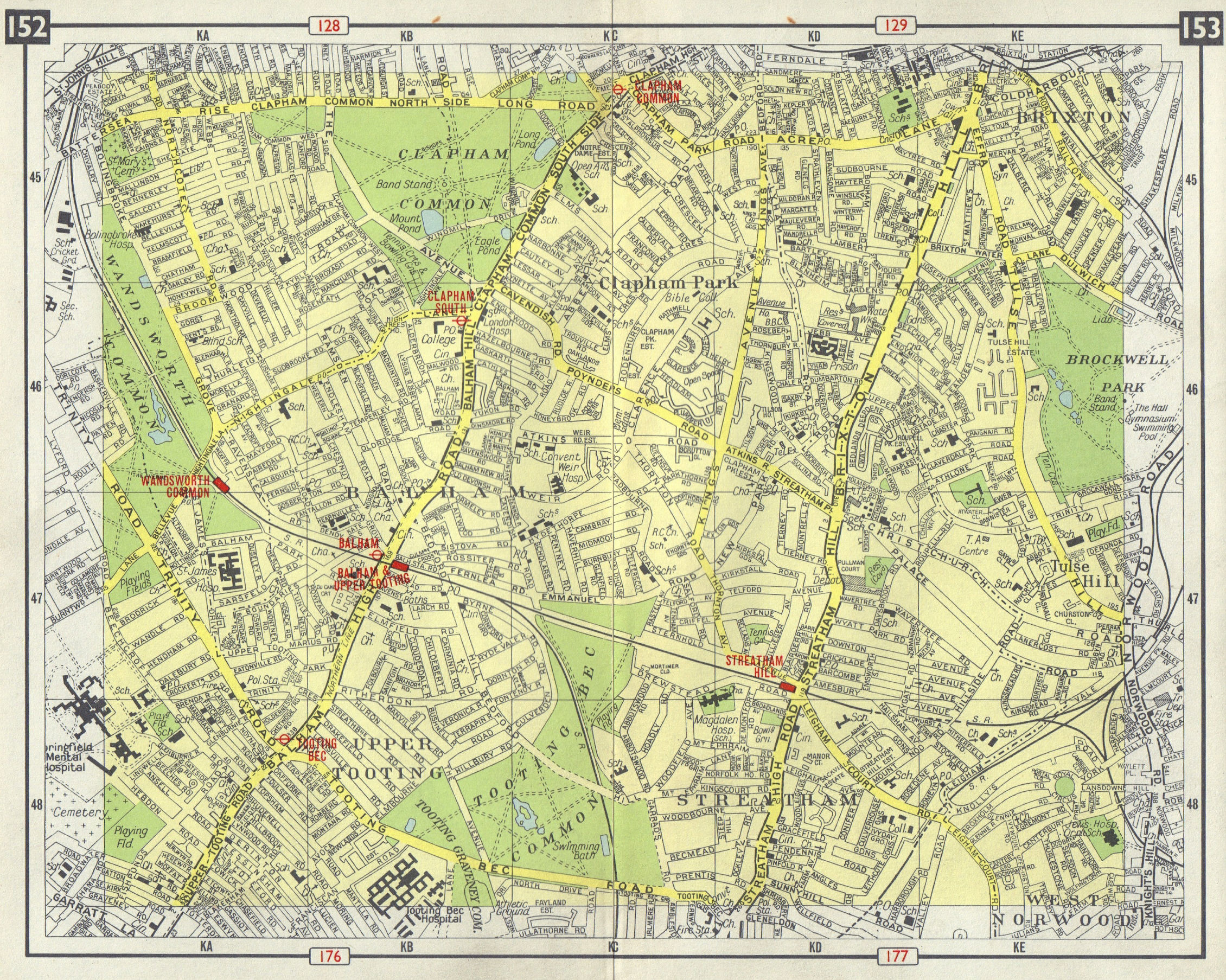Associate Product S LONDON Tooting Bec Streatham Balham Brixton Clapham Wandsworth Cmn 1965 map