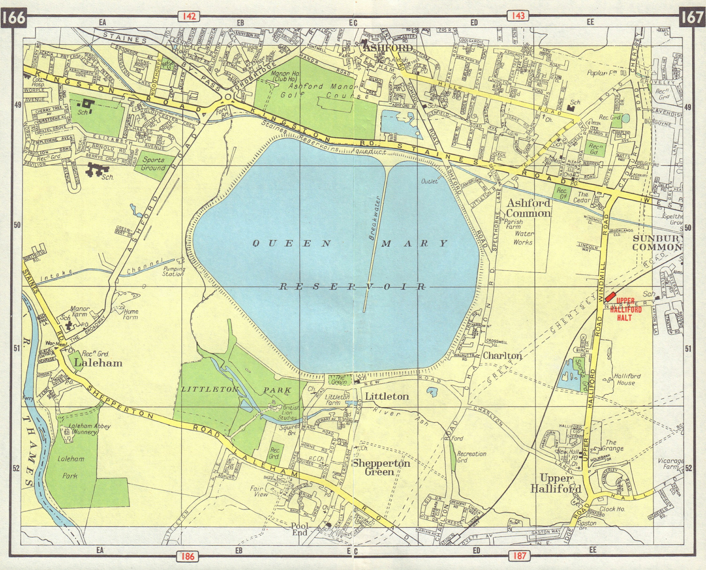 SW LONDON Ashford Laleham Shepperton Littleton Halliford M3 projected 1965 map