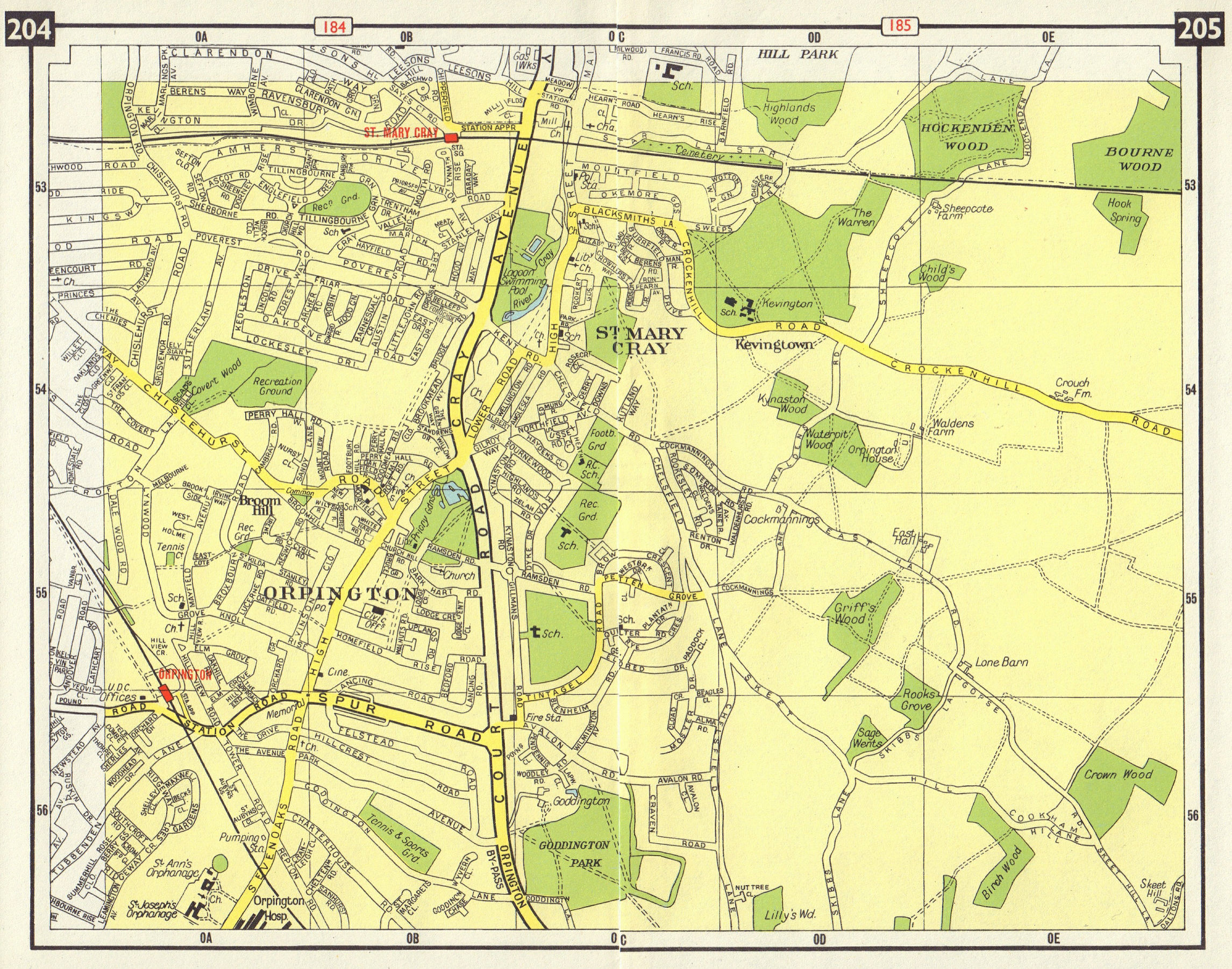 SE LONDON Orpington St Mary Cray Broom Hill Kevingtown Derry Downs 1965 map