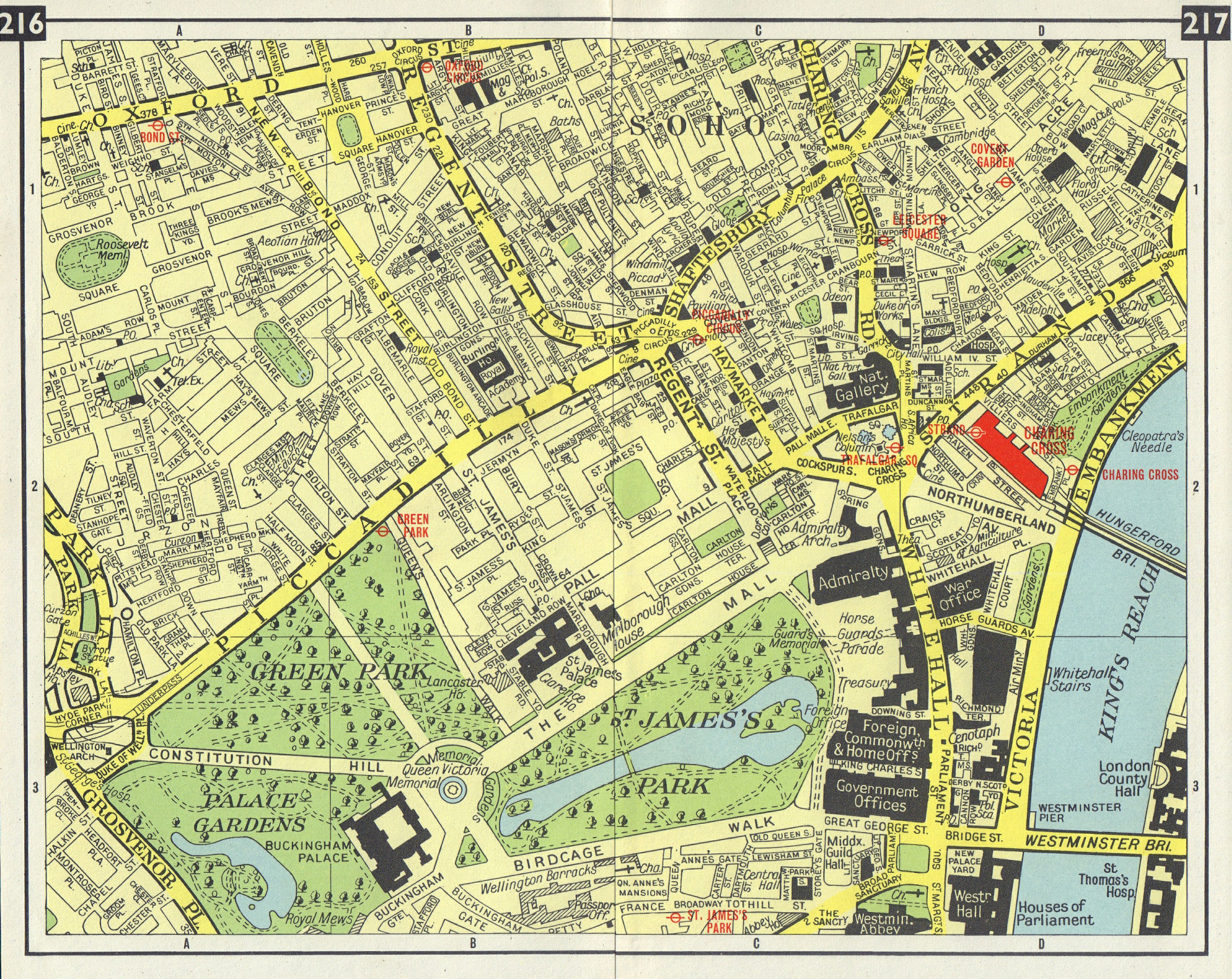 LONDON WEST END Mayfair Soho St James's Westminster Covent Garden 1965 old map
