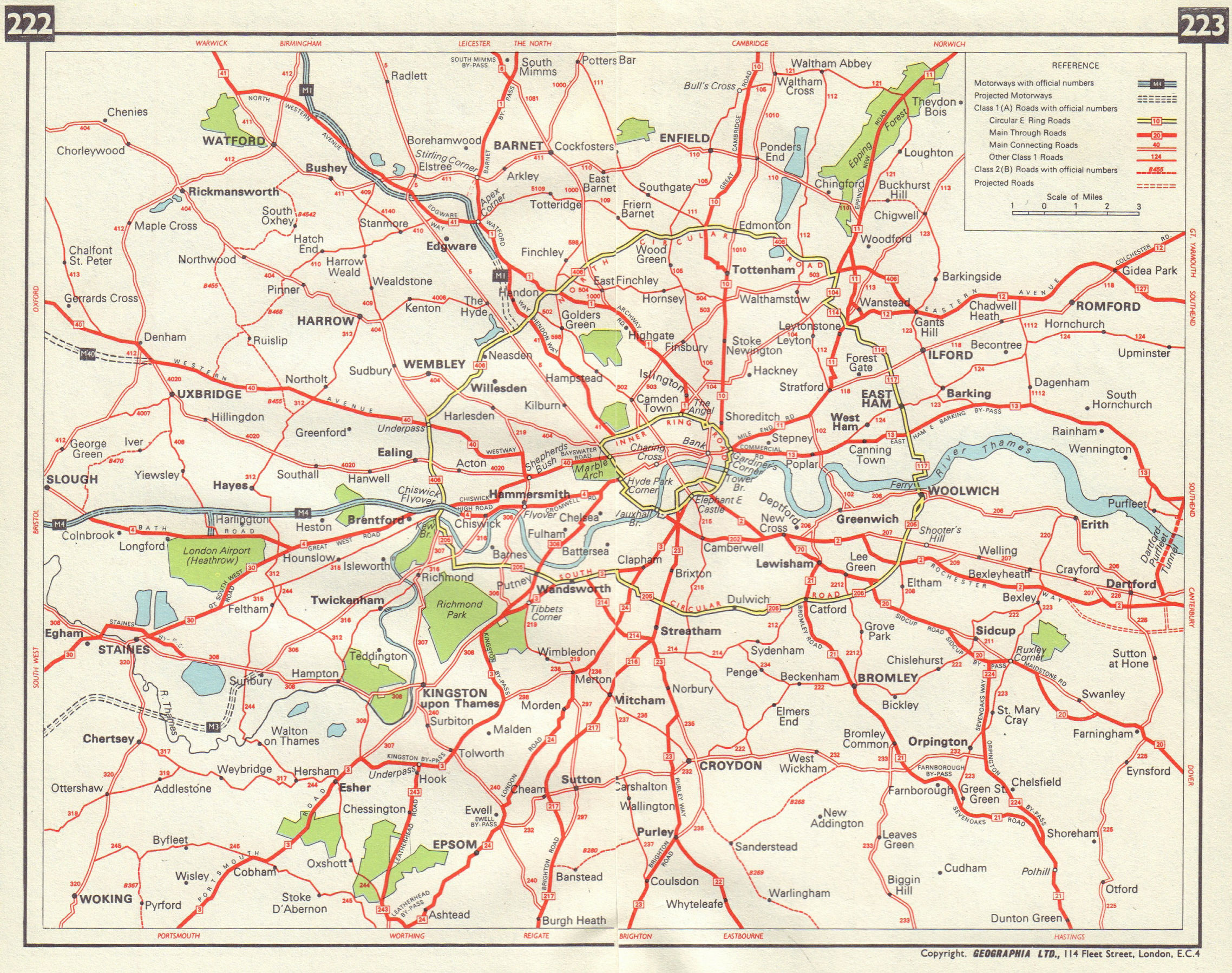 LONDON MAJOR ARTERIAL ROADS M1 M3 M40 Motorways projected. M4 open 1965 map