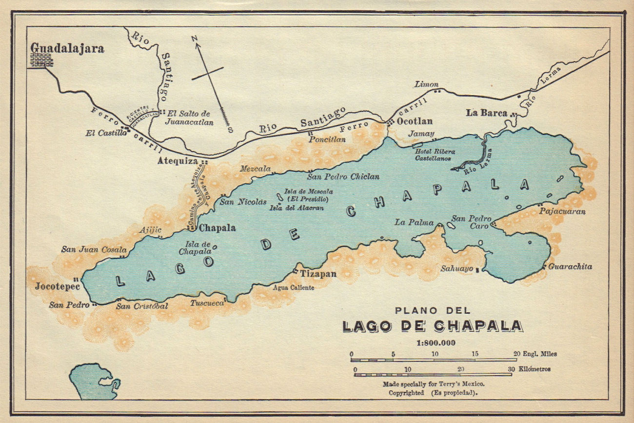 Plano del Lago de Chapala, Mexico. Guadalajara 1935 old vintage map chart