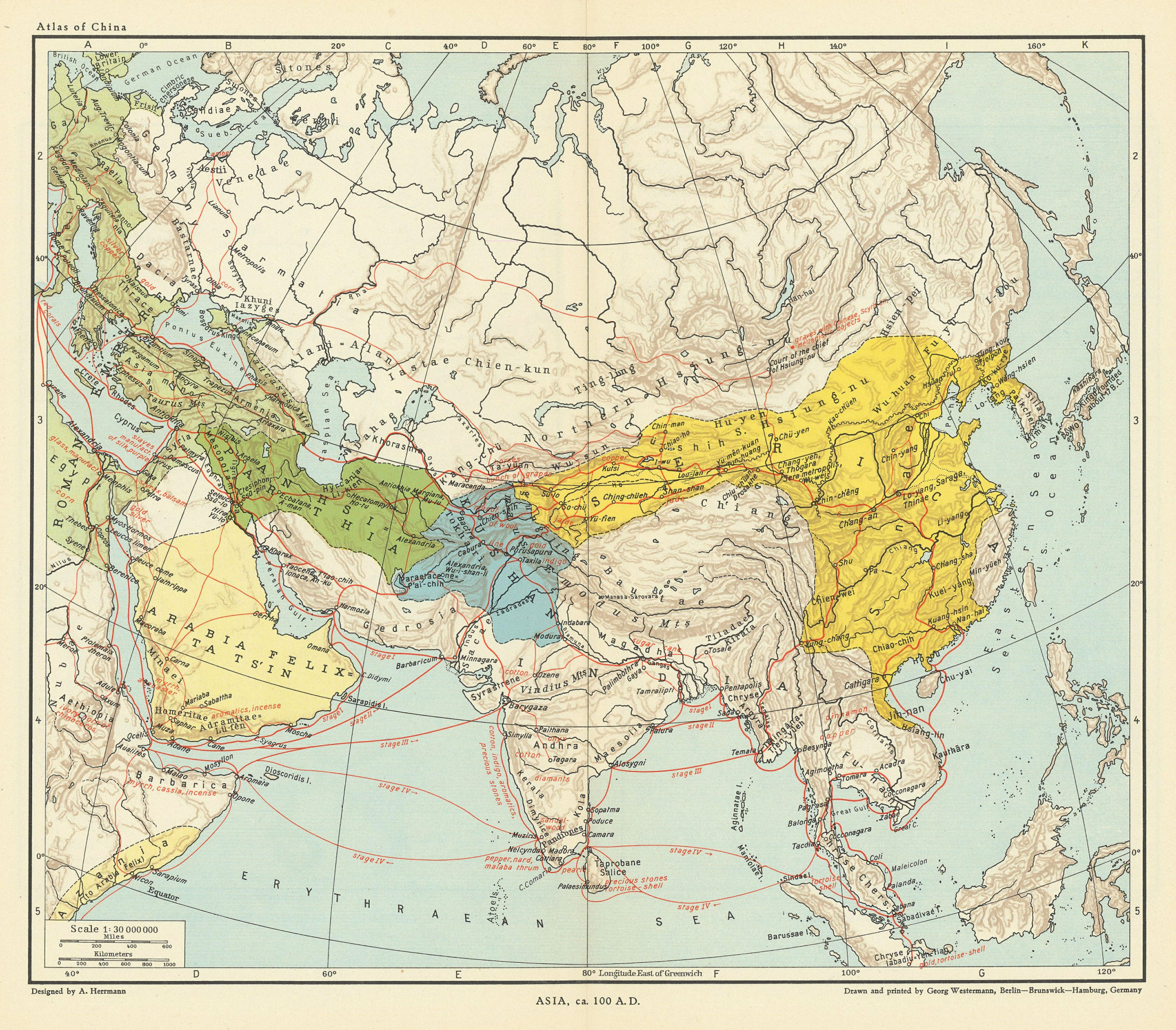 Asia c.100 AD. Serica Kushan Arabia Felix Parthia Anhsi Ta Ts-in 1935 ...