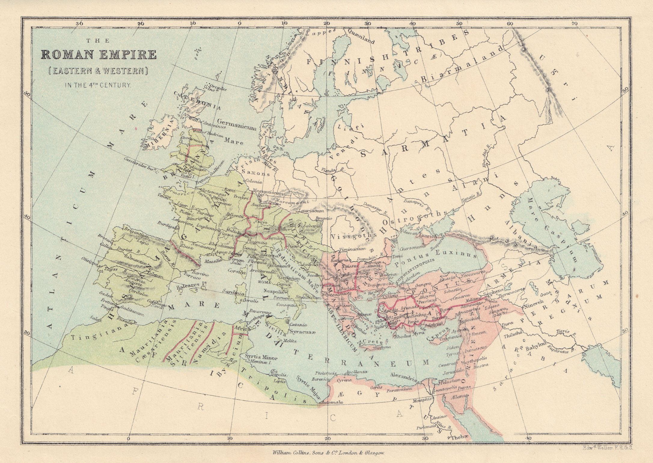 4TH CENTURY EUROPE Roman Empire Eastern Byzantine & Western. COLLINS 1873 map