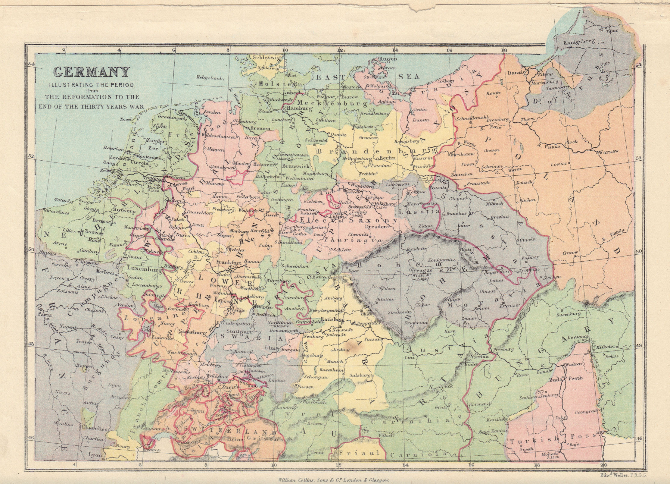 GERMANY from the Reformation to the end of the 30 years war. COLLINS 1873 map