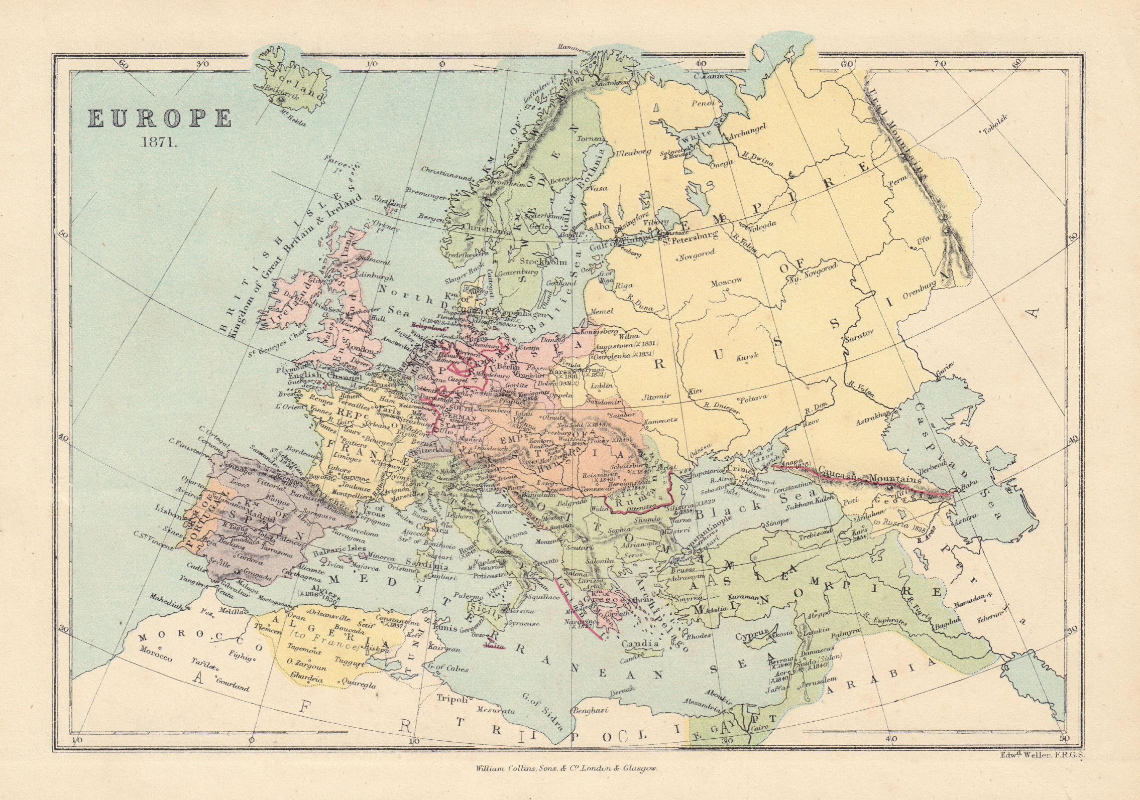 EUROPE in 1871 showing selected key 19C battles & dates. COLLINS 1873 ...