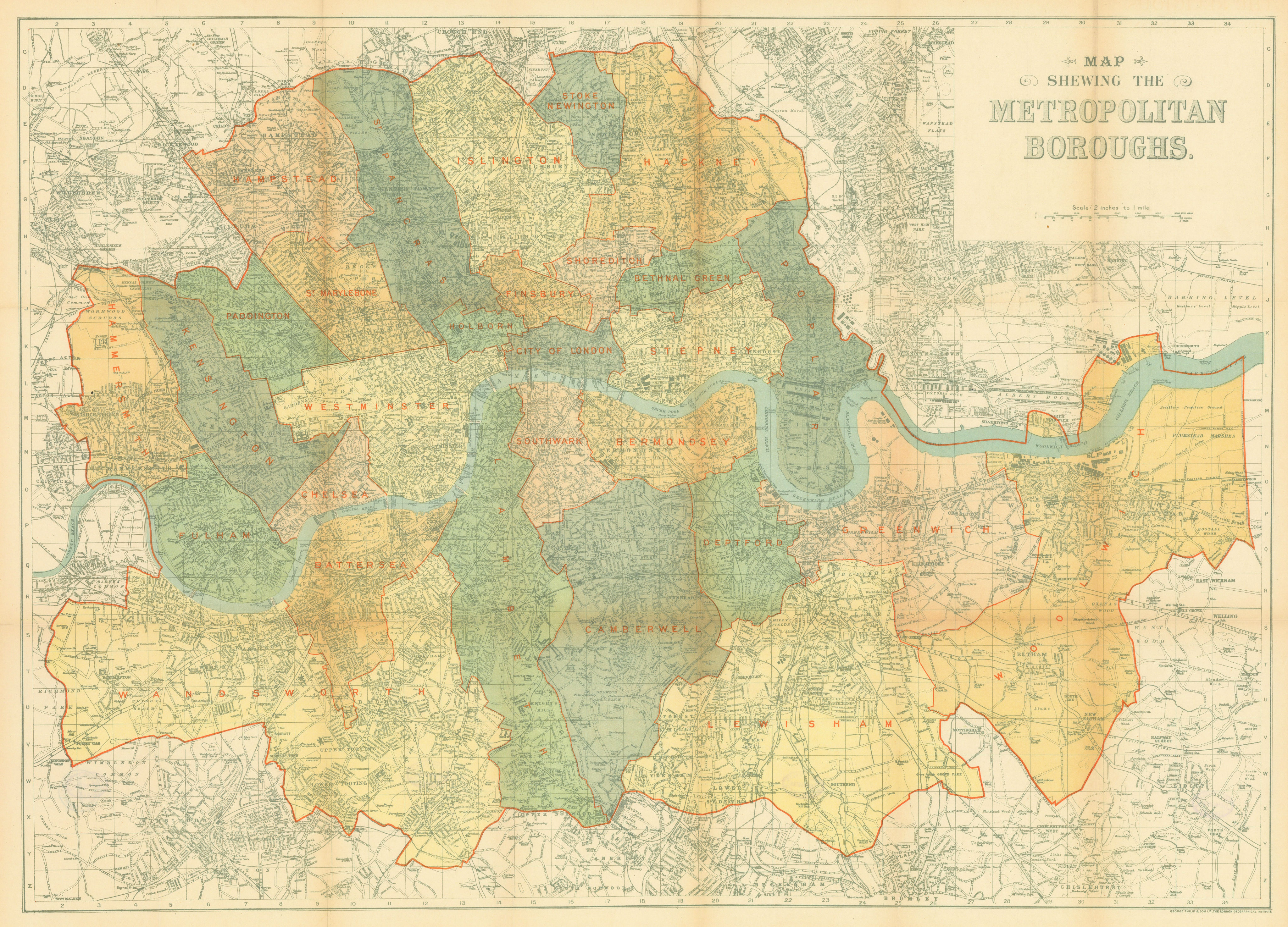 Associate Product Map shewing the Metropolitan Boroughs. London. 66x92cm. PHILIP 1904 old