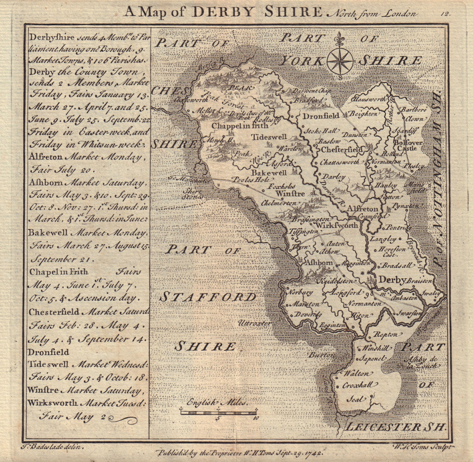 Associate Product Antique county map of Derbyshire by Badeslade & Toms 1742 old
