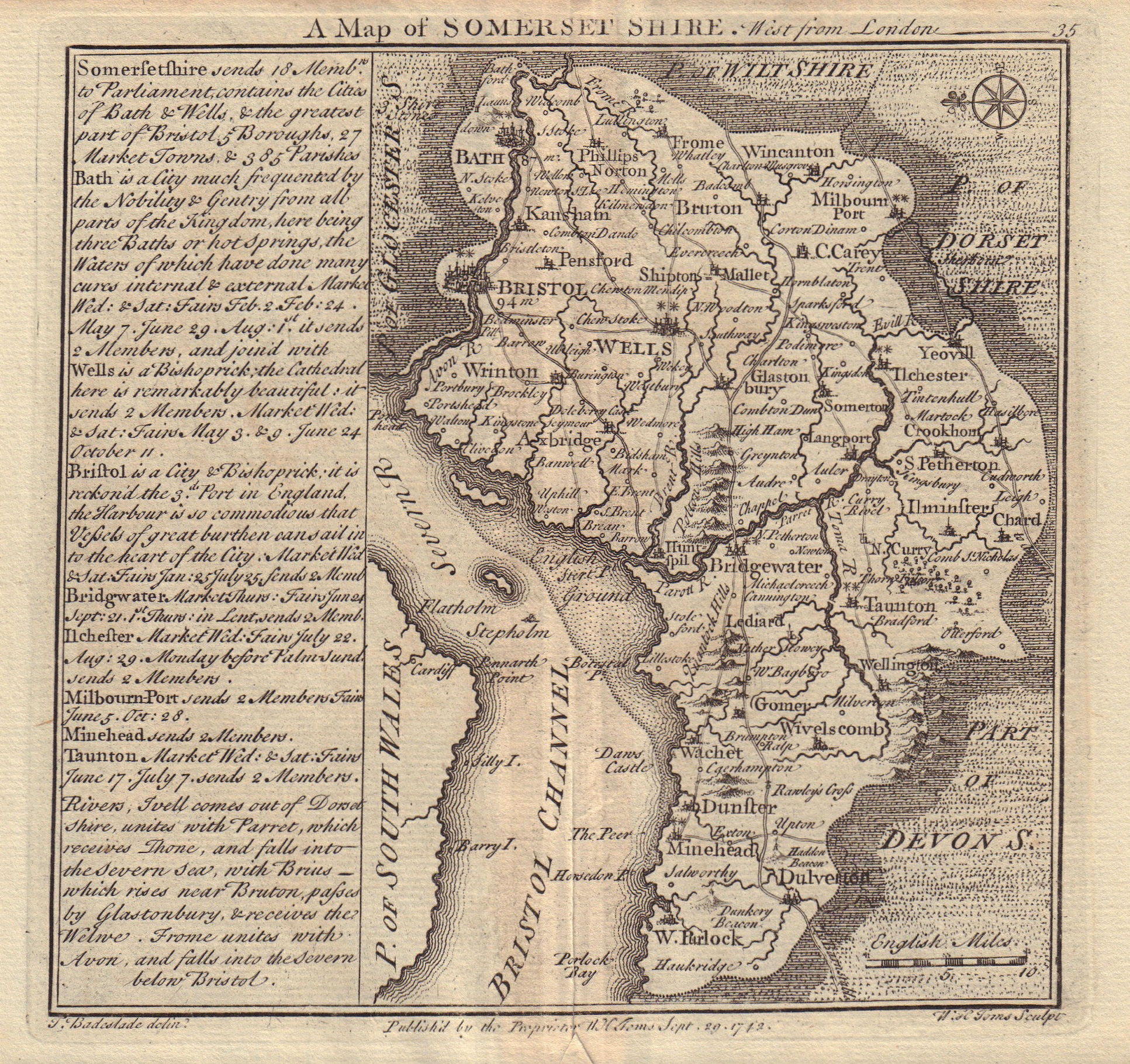 Antique county map of Somersetshire by Badeslade & Toms. East ...