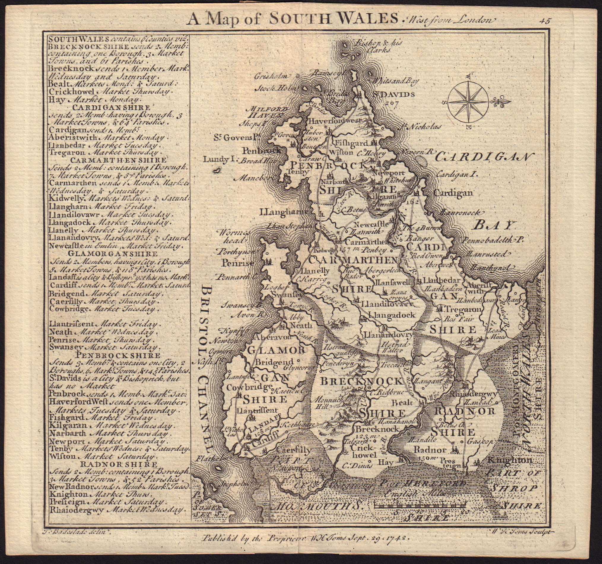 Associate Product Antique county map of South Wales by Badeslade & Toms. West orientation 1742