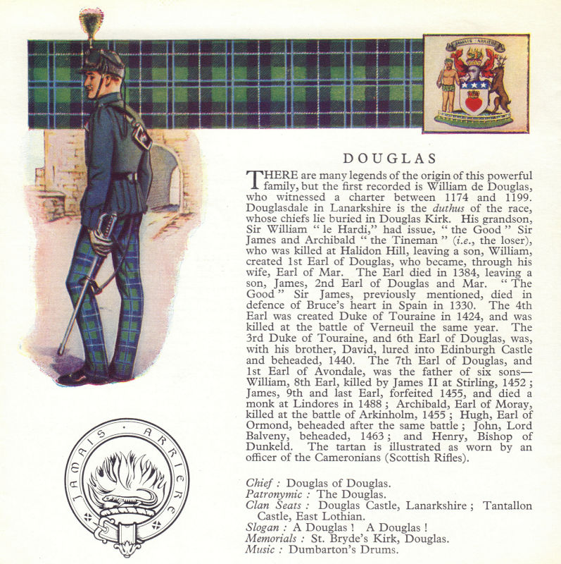 Douglas. Scotland Scottish clans tartans arms badge 1963 old vintage print