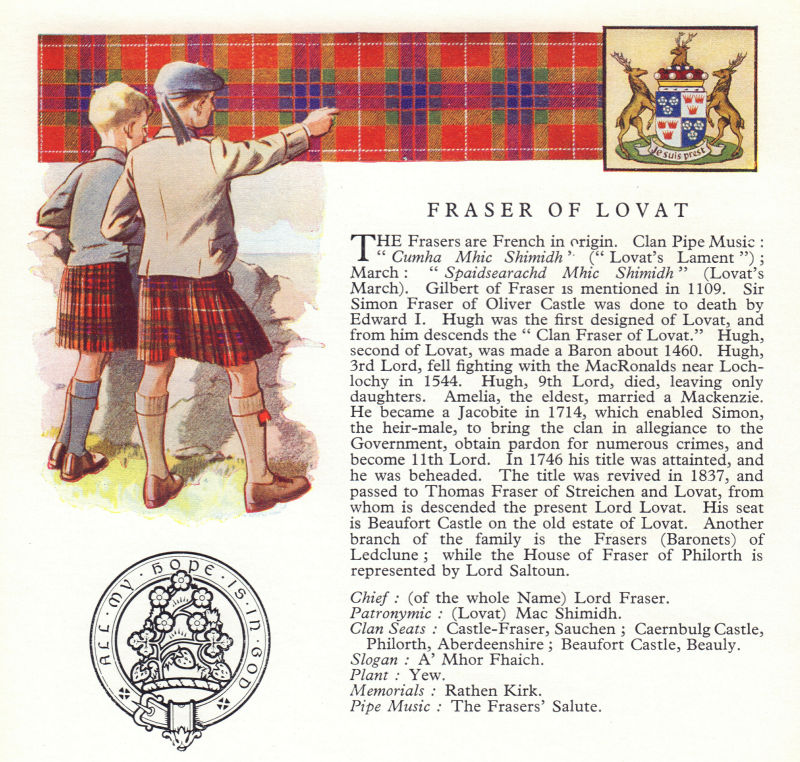 Fraser of Lovat. Scotland Scottish clans tartans arms badge 1963 old print