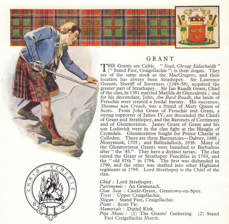 Grant. Scotland Scottish clans tartans arms badge 1963 old vintage print