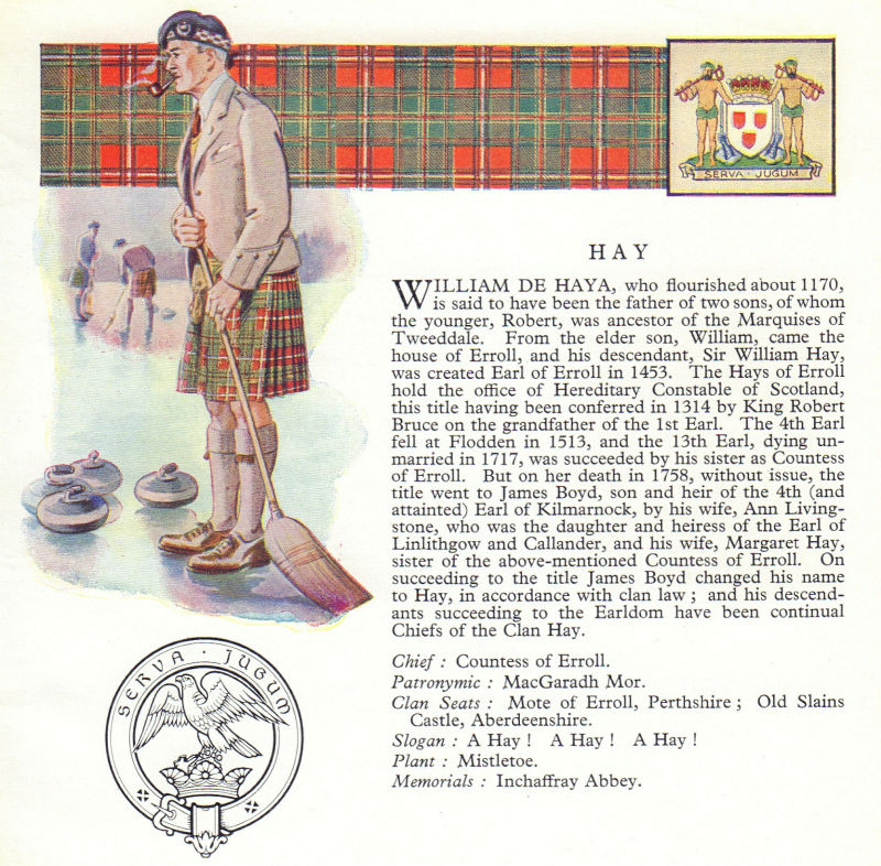 Hay. Scotland Scottish clans tartans arms badge 1963 old vintage print picture