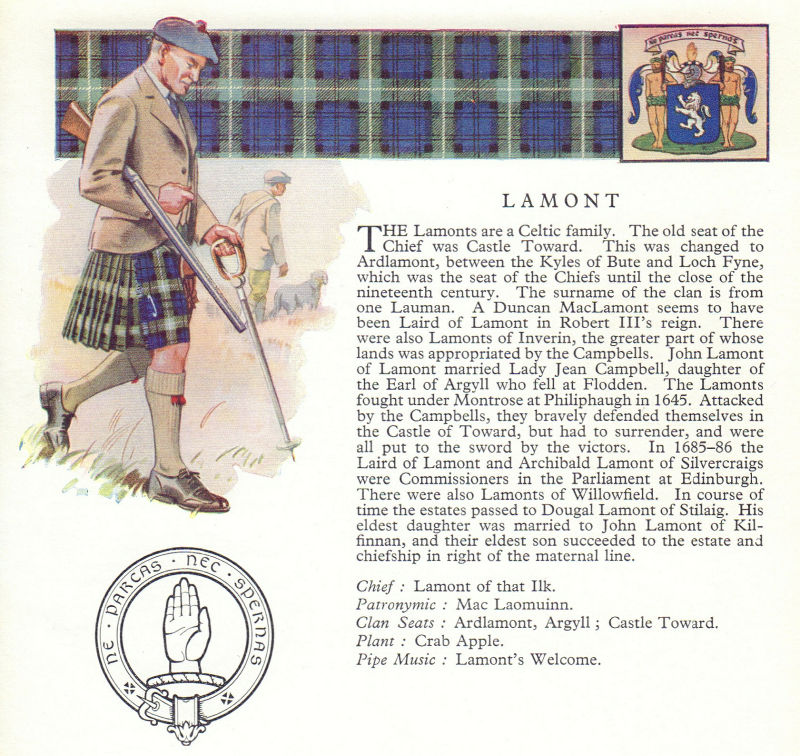 Lamont. Scotland Scottish clans tartans arms badge 1963 old vintage print