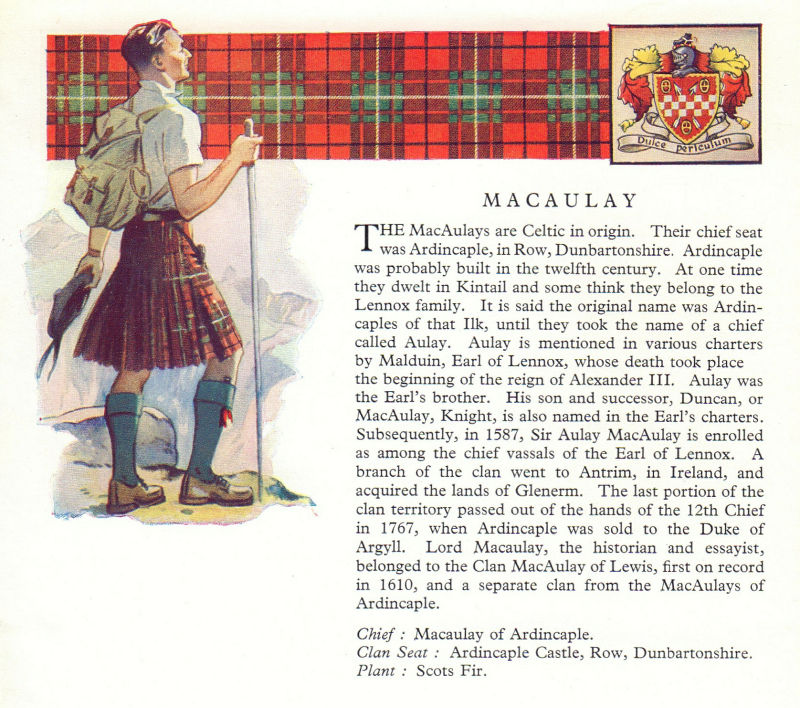 MacAulay. Scotland Scottish clans tartans arms 1963 old vintage print picture