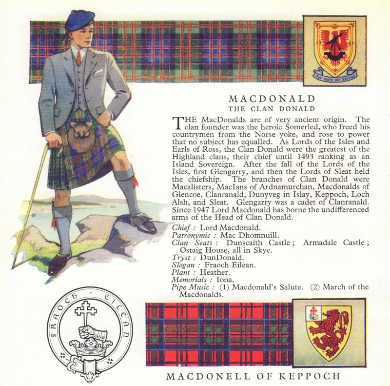 MacDonald Clan Donald. MacDonell Keppoch. Scotland Scottish clans tartans 1963