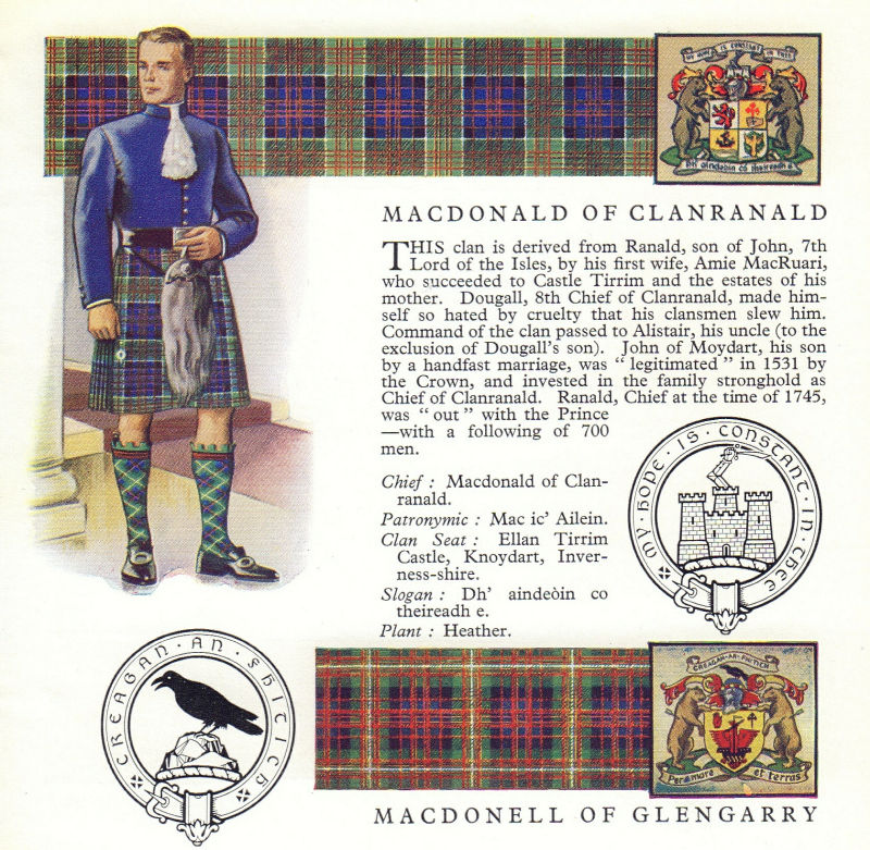 MacDonald Clanranald MacDonell Glengarry. Scottish clans tartans arms badge 1963