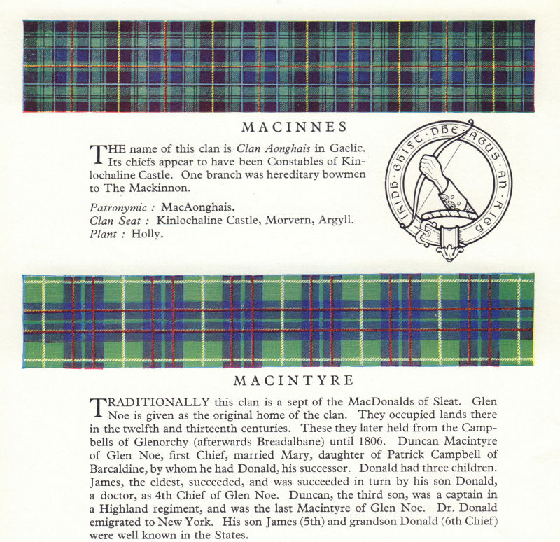 Macinnes, Macintyre. Scotland Scottish clans tartans arms badge 1963 old print