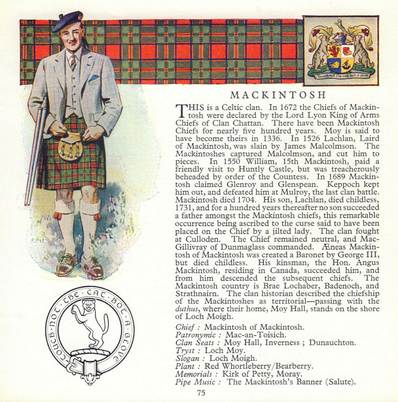 Mackintosh. Scotland Scottish clans tartans arms badge 1963 old vintage print