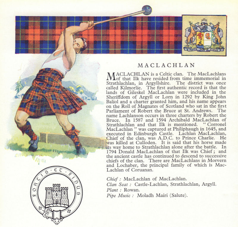 MacLachlan. Scotland Scottish clans tartans arms badge 1963 old vintage print