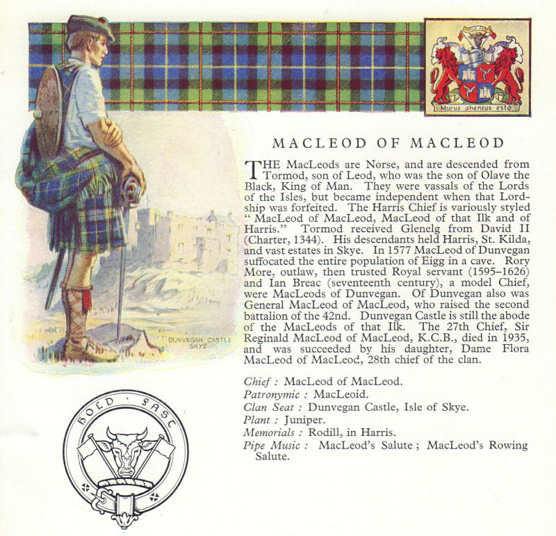 MacLeod of Macleod. Scotland Scottish clans tartans arms badge 1963 old print