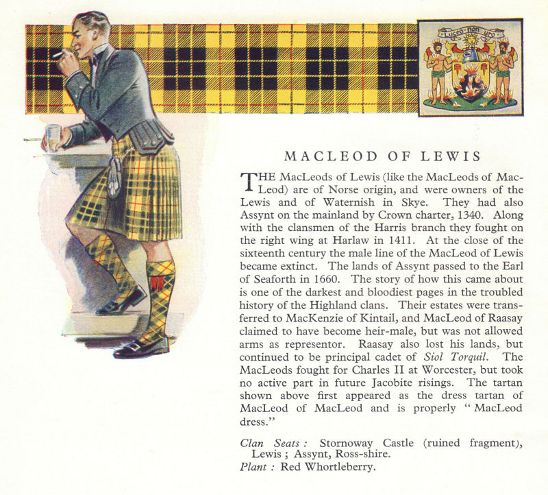 MacLeod of Lewis. Scotland Scottish clans tartans arms 1963 old vintage print