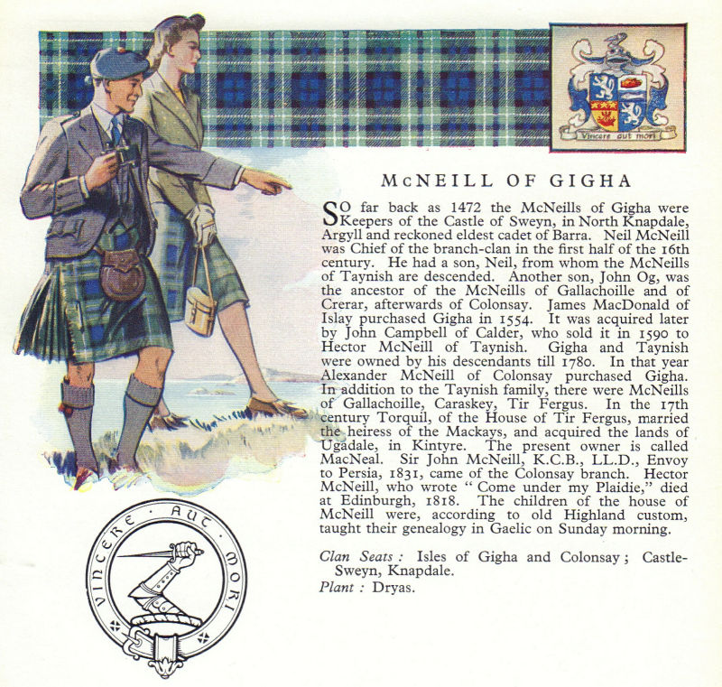 McNeill of Gigha. Scotland Scottish clans tartans arms badge 1963 old print