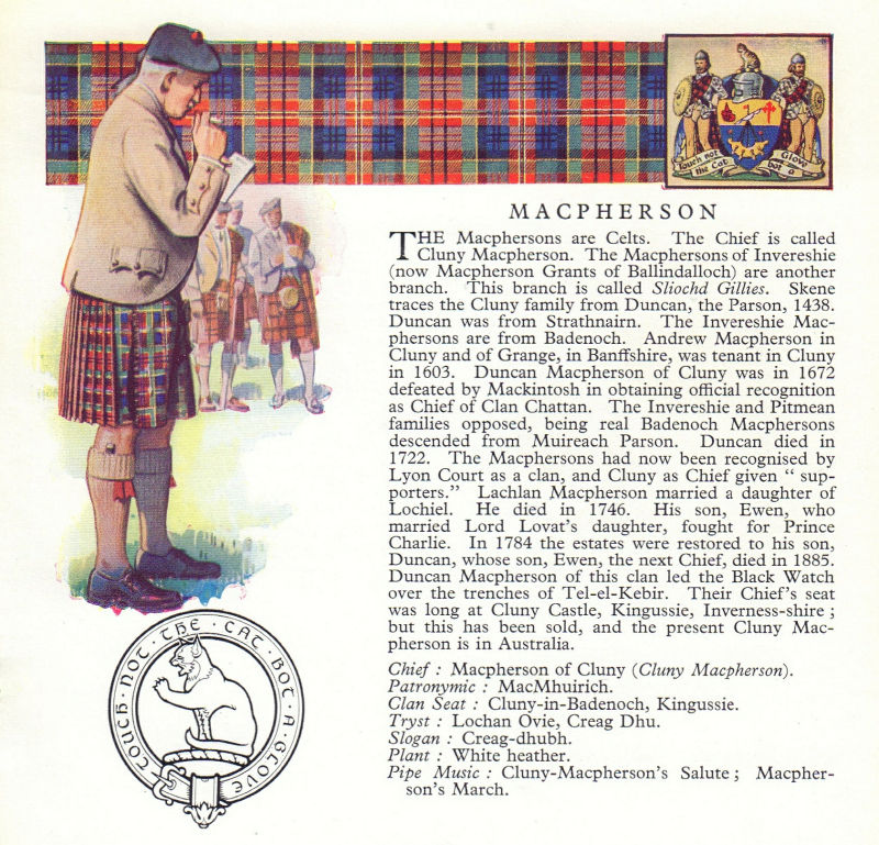 Associate Product Macpherson. Scotland Scottish clans tartans arms badge 1963 old vintage print