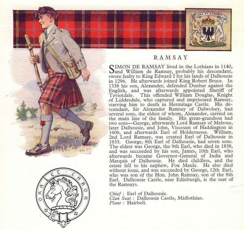 Ramsay. Scotland Scottish clans tartans arms badge 1963 old vintage print