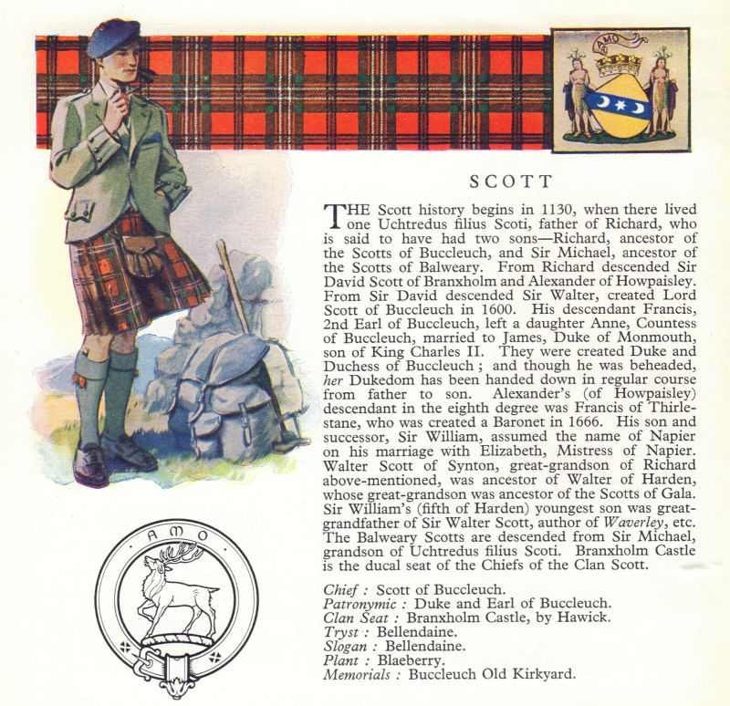 Scott. Scotland Scottish clans tartans arms badge 1963 old vintage print