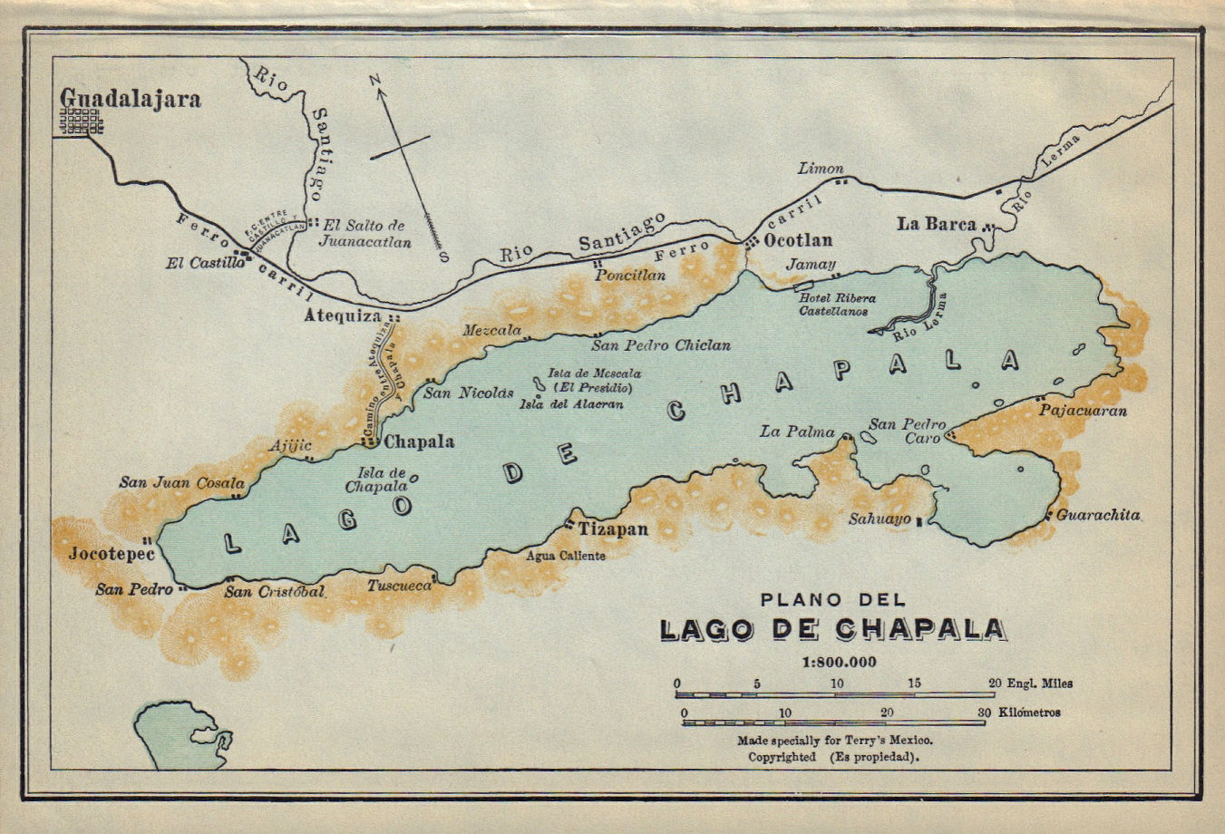 Plano del Lago de Chapala, Mexico. Guadalajara 1938 old vintage map chart