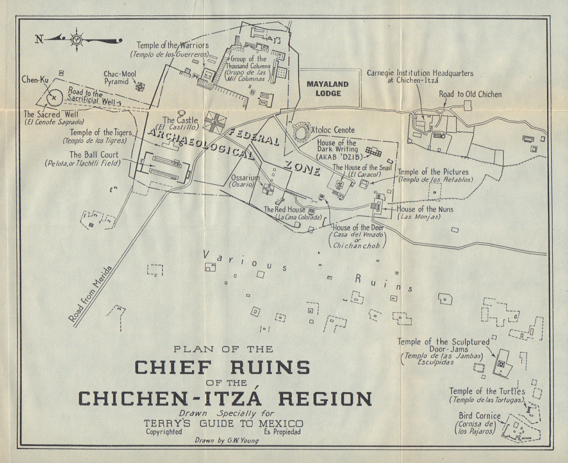 CHICHEN-ITZA. Plan of the Mayan ruins. Mexico 1938 old vintage map chart
