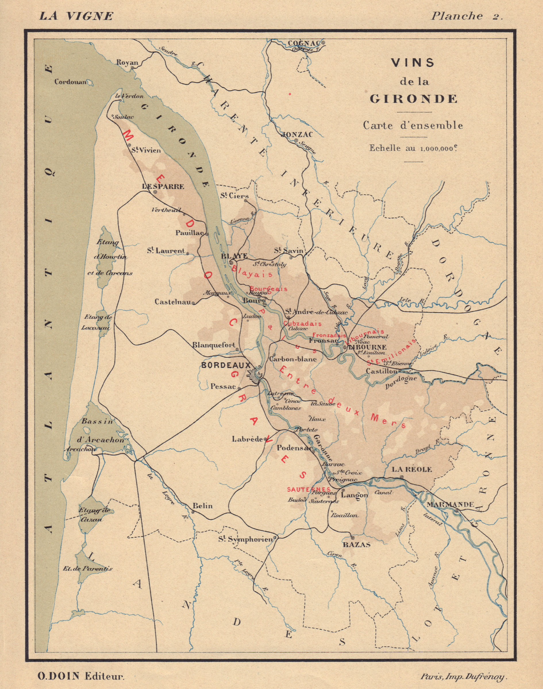 Associate Product Vins de la Gironde - Carte d'ensemble. Bordeaux wine map. HAUSERMANN 1901