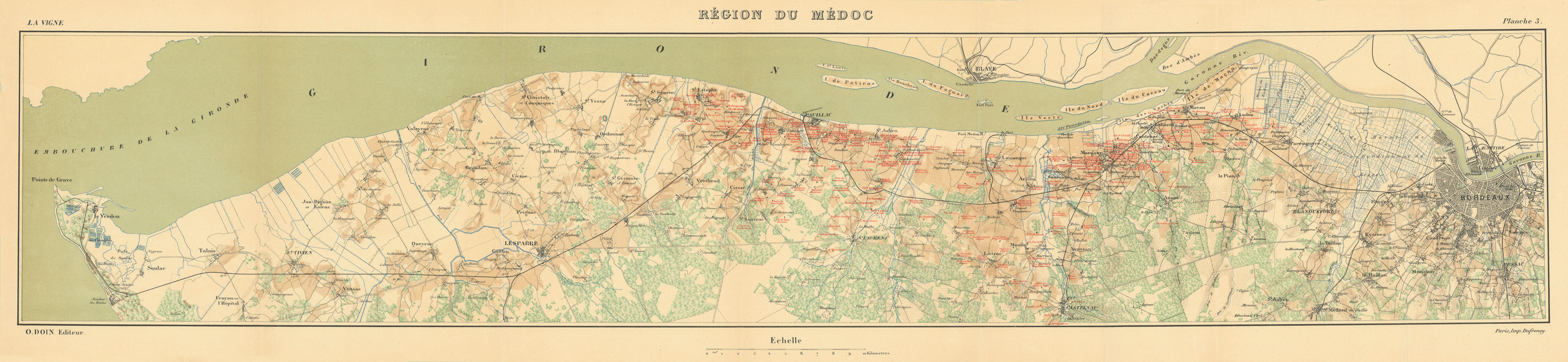 Associate Product Région du Médoc. Bordeaux wine map. Grands crus. HAUSERMANN 1901 old