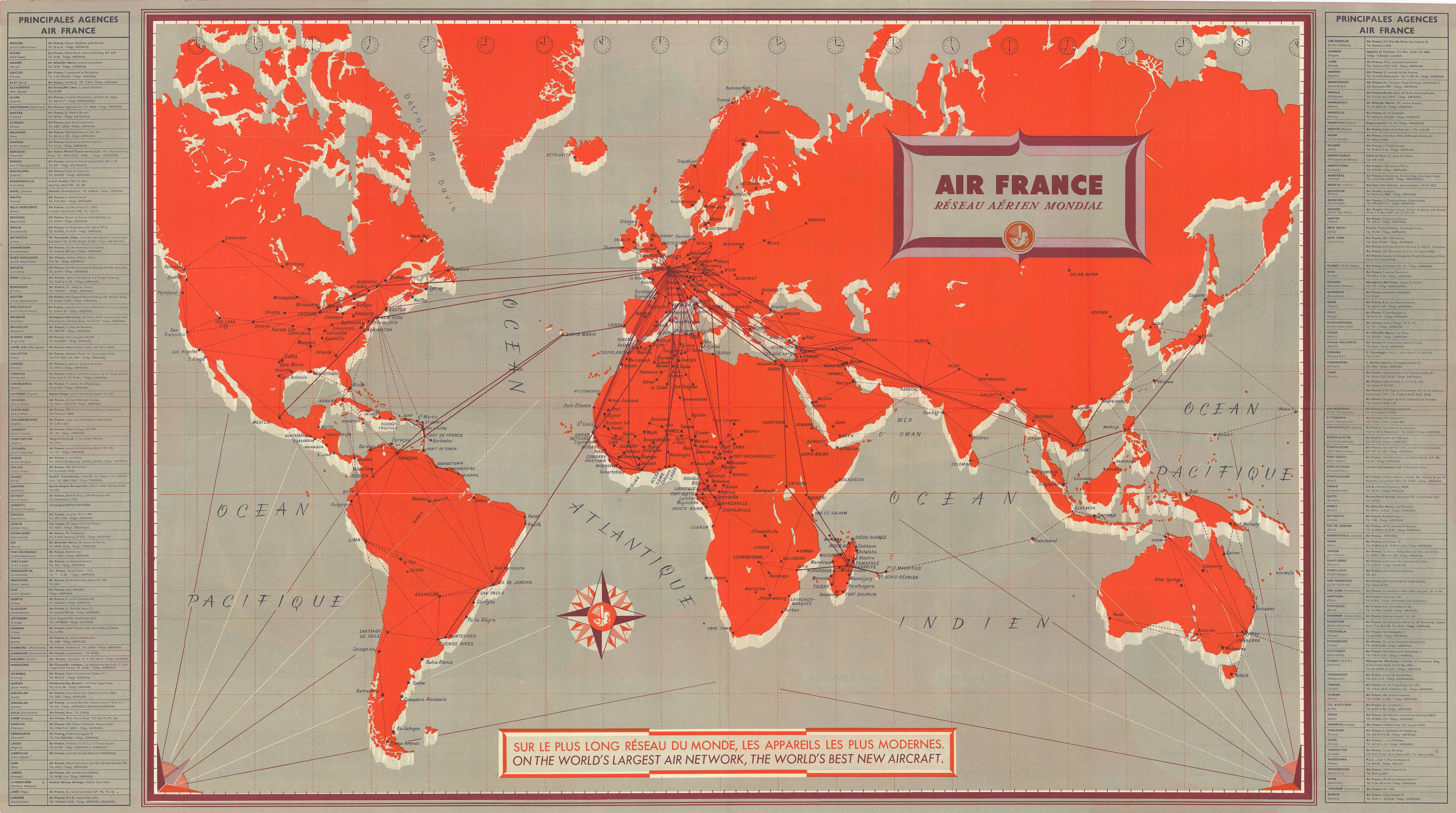 Air France - Réseau Aérien Mondial. Airline network route map. 49x88cm 1956