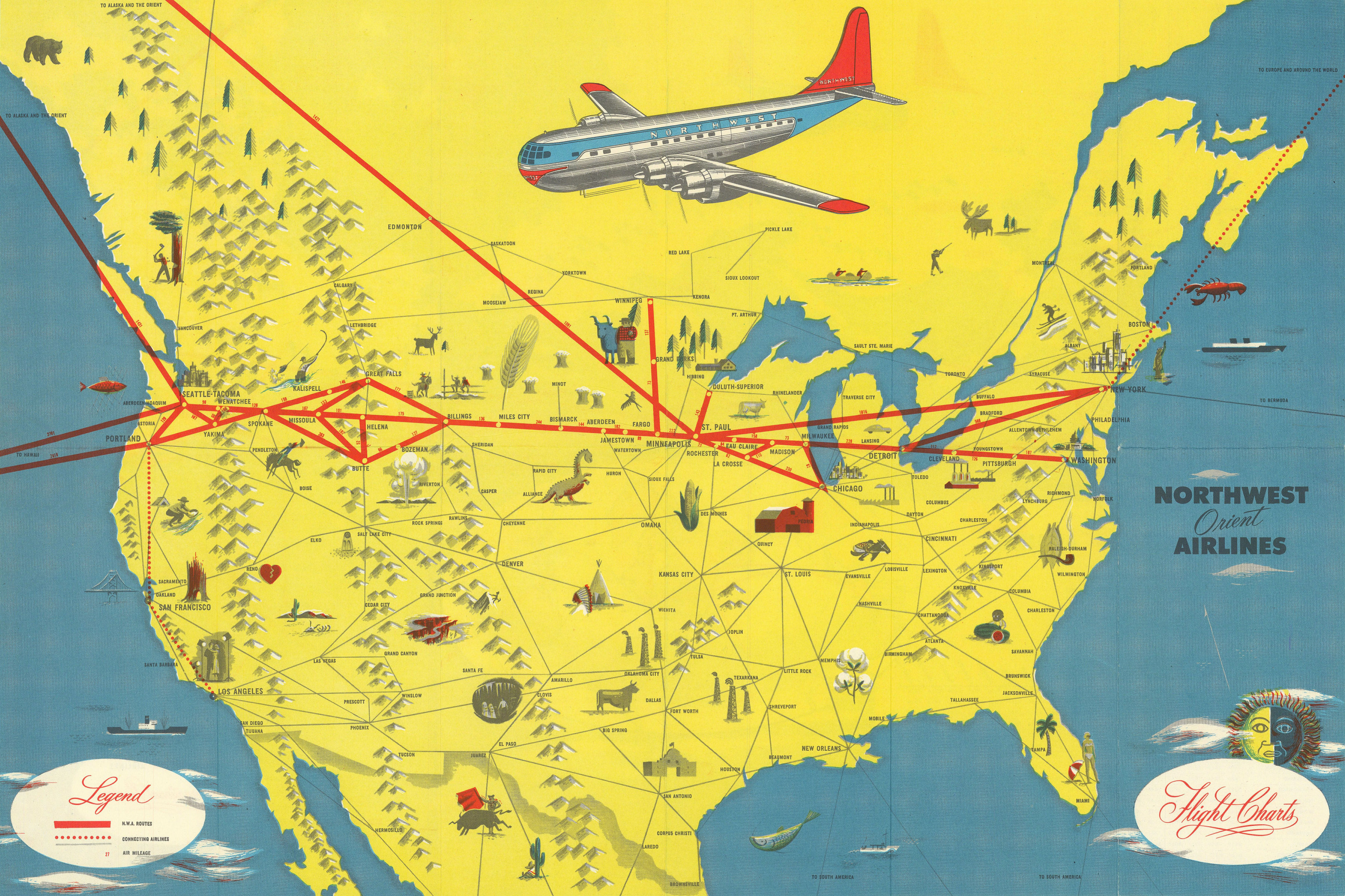 Associate Product Northwest Orient Airlines. Pictorial network route map 16"x24" 1949 old