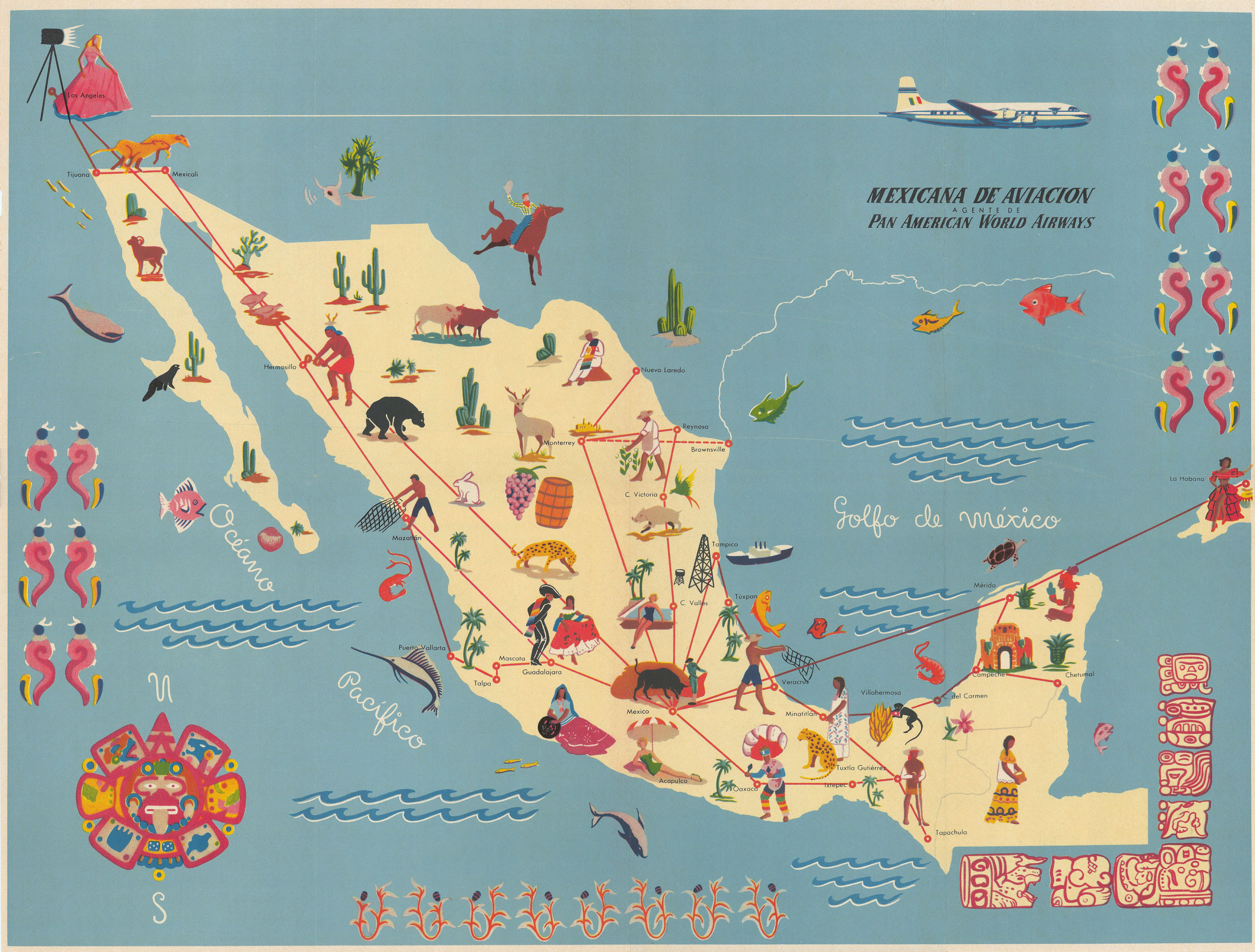 Associate Product Mexicana de Aviacion. Pictorial airline network route map 17"x23". Mexico c1950