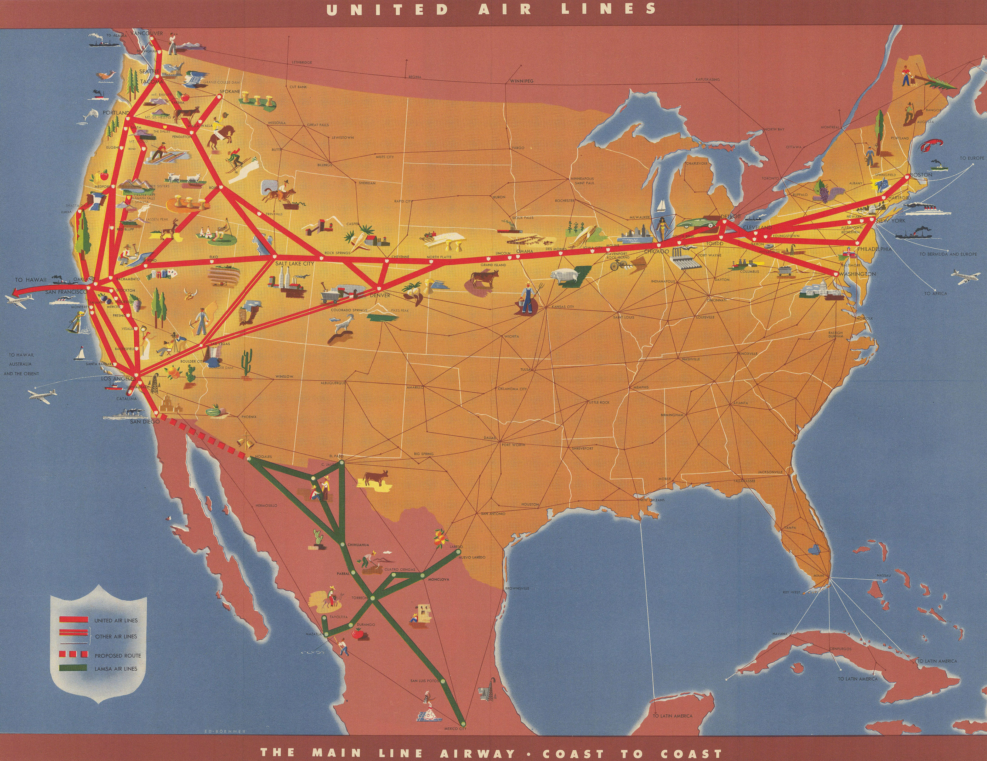 Associate Product United Air Lines. The main line airway. Pictorial network route map 16"x21" 1946